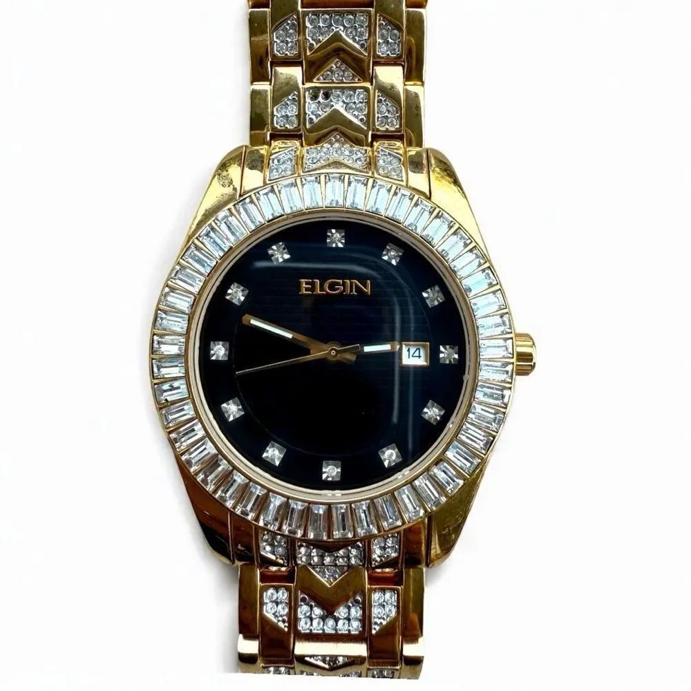 Elgin Gold Tone Watch with Crystal Accents & Black Dial – Needs Battery